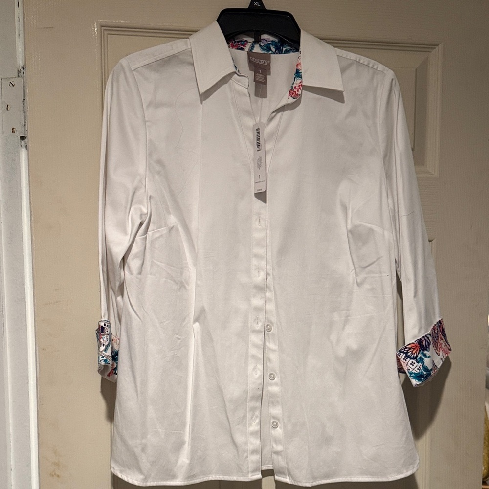Chico's White Shirt with Vibrant Floral Trim